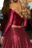 Sparkly Off The Shoulder Burgundy A Line 2-piece Graduation Dress