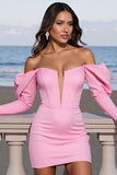 Pink Off The Shoulder Long Sleeve Bodycon Graduation Dress
