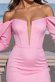 Pink Off The Shoulder Long Sleeve Bodycon Graduation Dress