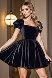 Black A Line Short Graduation Dress With Puff Sleeves