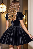 Black A Line Short Graduation Dress With Puff Sleeves
