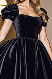 Black A Line Short Graduation Dress With Puff Sleeves