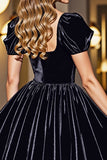 Black A Line Short Graduation Dress With Puff Sleeves