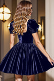 Black A Line Short Graduation Dress With Puff Sleeves