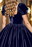 Black A Line Short Graduation Dress With Puff Sleeves