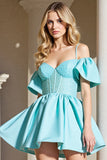 Light Blue Corset A Line Cold Shoulder Graduation Dress