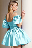 Light Blue Corset A Line Cold Shoulder Graduation Dress