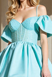 Light Blue Corset A Line Cold Shoulder Graduation Dress
