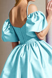 Light Blue Corset A Line Cold Shoulder Graduation Dress