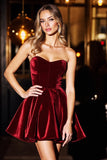 A Line Burgundy Strapless Velvet Short Graduation Dress
