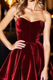 A Line Burgundy Strapless Velvet Short Graduation Dress