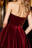 A Line Burgundy Strapless Velvet Short Graduation Dress
