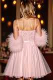 Sparkly Blush Corset Graduation Dress With Feathers