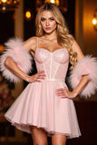 Sparkly Blush Corset Graduation Dress With Feathers