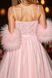 Sparkly Blush Corset Graduation Dress With Feathers