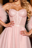 Sparkly Blush Corset Graduation Dress With Feathers