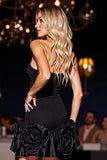 Black A Line Strapless Mini Graduation Dress With 3D Flowers