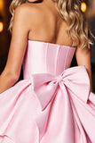 A Line Strapless Pink Satin Graduation Dress With Bow