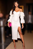 Off The Shoulder White Sheath Midi Graduation Dress With Slit