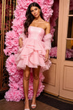 Pink Strapless A Line Ruffled Mini Graduation Dress