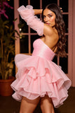 Pink Strapless A Line Ruffled Mini Graduation Dress