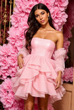 Pink Strapless A Line Ruffled Mini Graduation Dress
