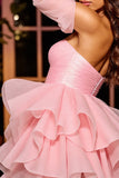 Pink Strapless A Line Ruffled Mini Graduation Dress