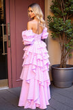 Off The Shoulder Corset Asymmetrical Pink Prom Dress With Sequins