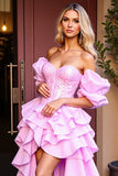 Off The Shoulder Corset Asymmetrical Pink Prom Dress With Sequins