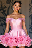 Off The Shoulder Pink A Line Graduation Dress With 3D Flowers
