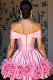 Off The Shoulder Pink A Line Graduation Dress With 3D Flowers