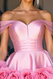 Off The Shoulder Pink A Line Graduation Dress With 3D Flowers