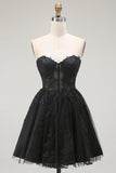 Black A Line Sweetheart Appliqued Sheer Corset Short Graduation Dress