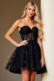 Black A Line Sweetheart Appliqued Sheer Corset Short Graduation Dress