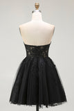 Black A Line Sweetheart Appliqued Sheer Corset Short Graduation Dress