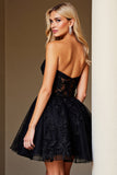 Black A Line Sweetheart Appliqued Sheer Corset Short Graduation Dress