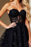 A Line Black Appliqued Sweetheart Graduation Dress