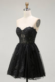 Black A Line Sweetheart Appliqued Sheer Corset Short Graduation Dress