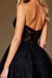 A Line Black Appliqued Sweetheart Graduation Dress