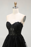 Black A Line Sweetheart Appliqued Sheer Corset Short Graduation Dress