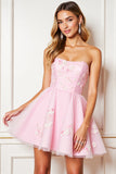 A Line Pink Strapless Mini Graduation Dress With 3D Flowers