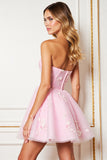 A Line Pink Strapless Mini Graduation Dress With 3D Flowers