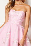 A Line Pink Strapless Mini Graduation Dress With 3D Flowers
