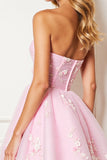 A Line Pink Strapless Mini Graduation Dress With 3D Flowers