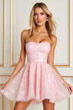A Line Appliqued Strapless Pink Graduation Dress