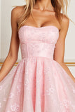 A Line Appliqued Strapless Pink Graduation Dress