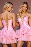 Pink A Line Ruched Graduation Dress with 3D Flowers