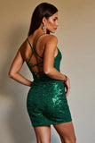 Sparkly Dark Green Mini Graduation Dress with Sequins