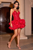 Sparkly Red Tiered Graduation Dress with Ruffles