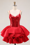 Sparkly Red A-Line Tiered Ruffled Graduation Dress